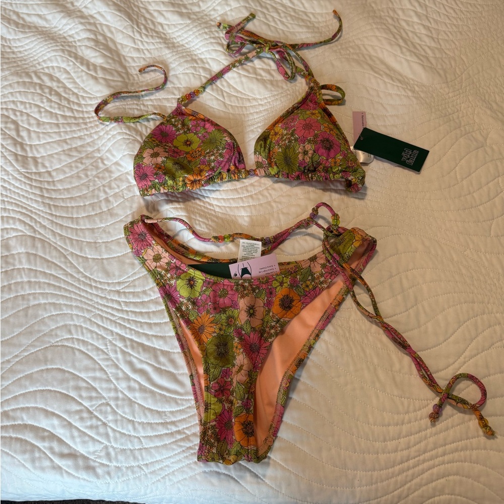 Floral Bikini Set with Pink and Green